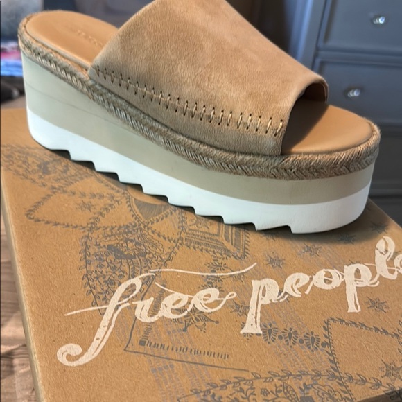 Free People Shoes - Free People Tan Platform Slides with Whipstitch Detailing